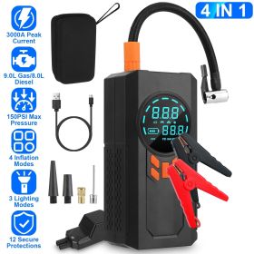 3000A 150PSI 12V Portable Jump Starter with Air Compressor 9.0L Gas/8.0L Diesel Jumper Box with 3 Light Modes Power Bank LCD Display GPCT5295