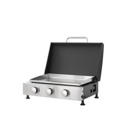 3Burner Propane Gas Grill and SS Plancha 2in1 BBQ & Griddle, Cast Iron Grate, Enamel Body, Compatible With 16oz Camping Tanks & 20lbs Backyard T (Color: Black)