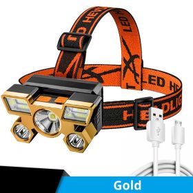 5 LED USB Rechargeable Headlamp; Portable Built-in 18650 Battery Head Flashlight; Waterproof for Expedition Outdoor Camping Fishing (Color: Golden)